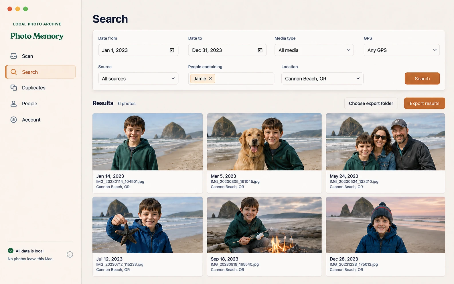 Photo Memory search results for Jamie at Cannon Beach in 2023